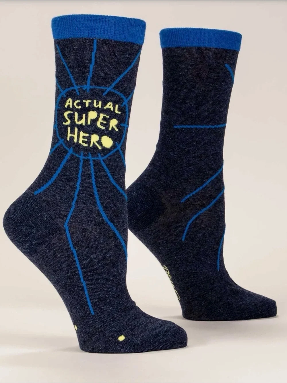 Blue Q Navy Crew Socks with Yellow 'Actual Super Hero' Text
